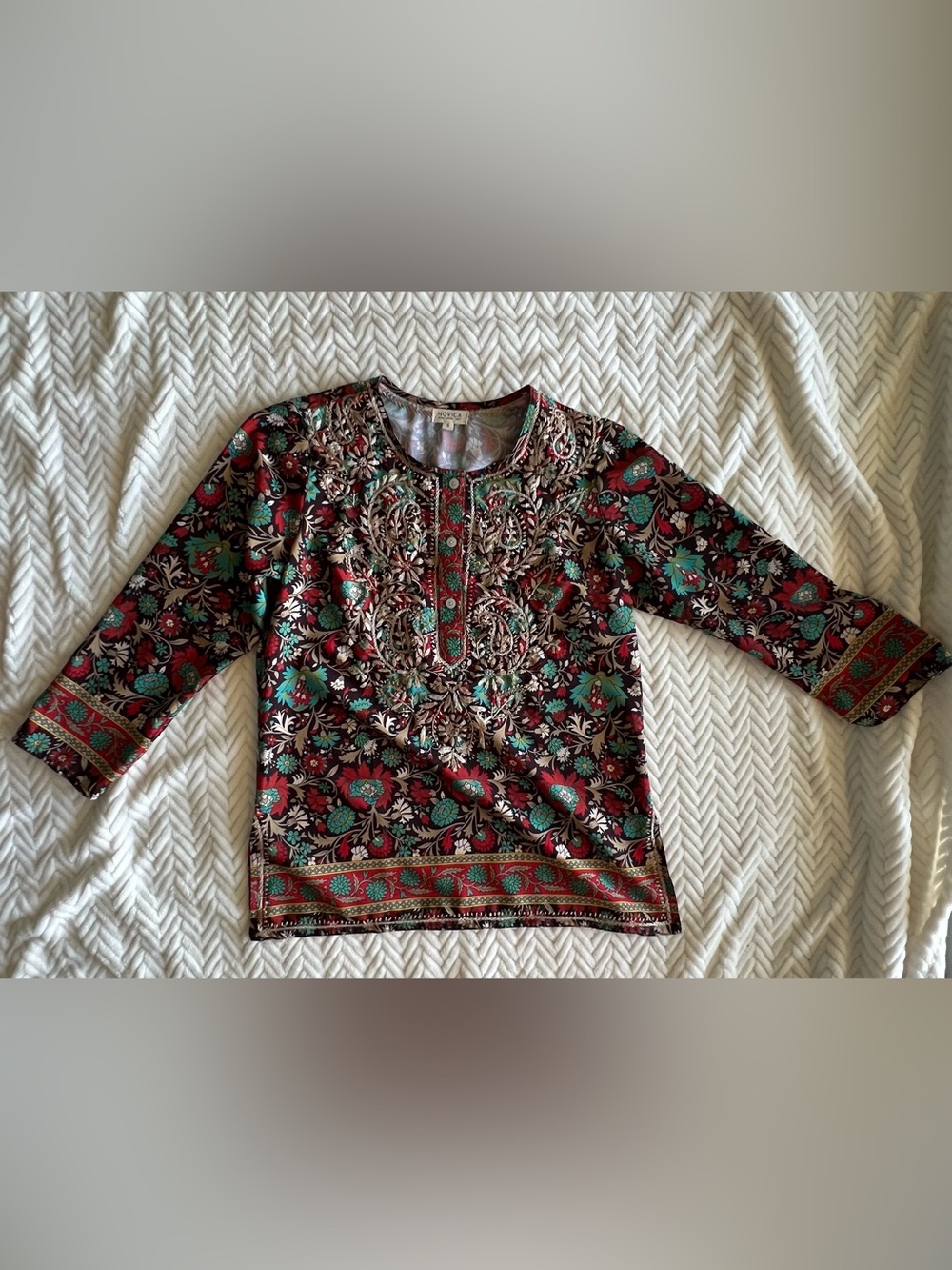 Novica Embroidered Floral Tunic in Red and Teal Boho